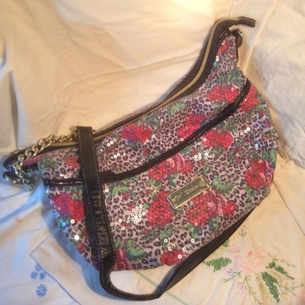 Betsey Johnson Crossbody Purse with Sequined Skulls & Roses